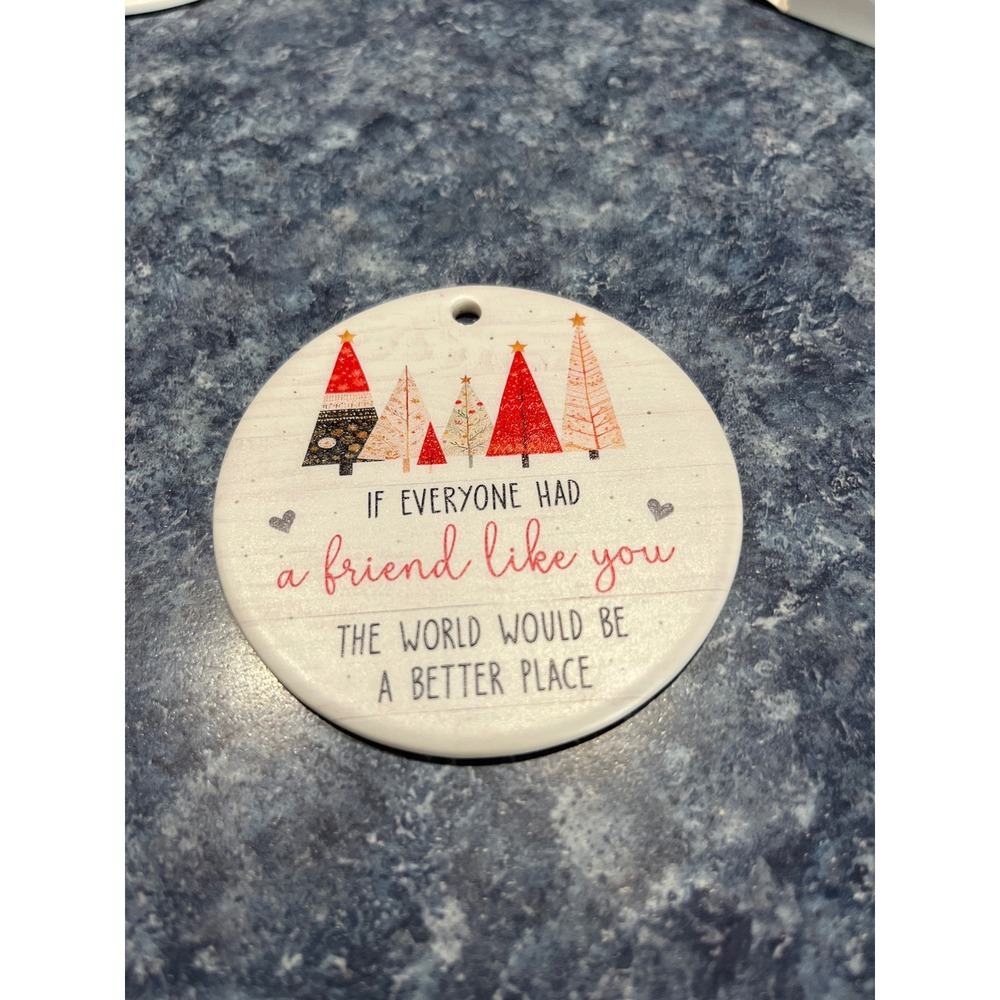 Friendship Christmas Ornament Ceramic Round Tree Graphic Holiday Gift White Red